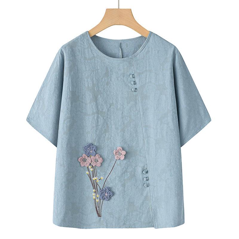 Elderly Women's Fashionable Cotton-Linen Summer Top - Short-Sleeved for Middle-Aged and Older Ladies