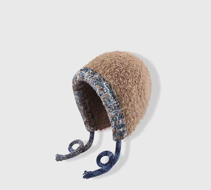 For Winter Versatile Windproof Knitted Woolen Hat Thick Velvet for Cycling Warm Ear Protection Colored Rope Plush Hat