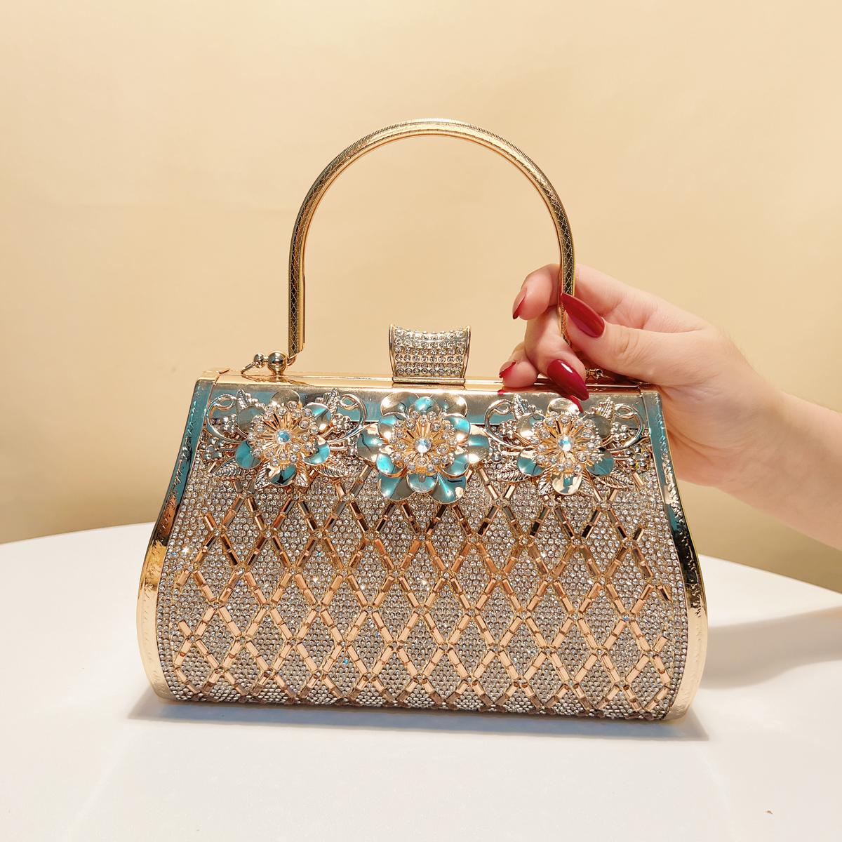 Bucket Design Women Clutch Bags Golden Metal Luxury Acrylic Evening Bags Box Holder Rhinestones Glitter Handbags Purse