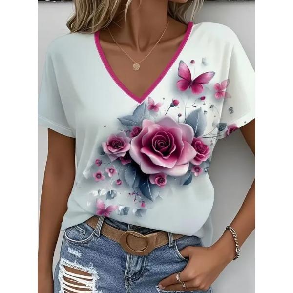 Summer V-neck Flower Pattern 3D Printed Top Fashionable Casual Short Sleeved Women's T-shirts