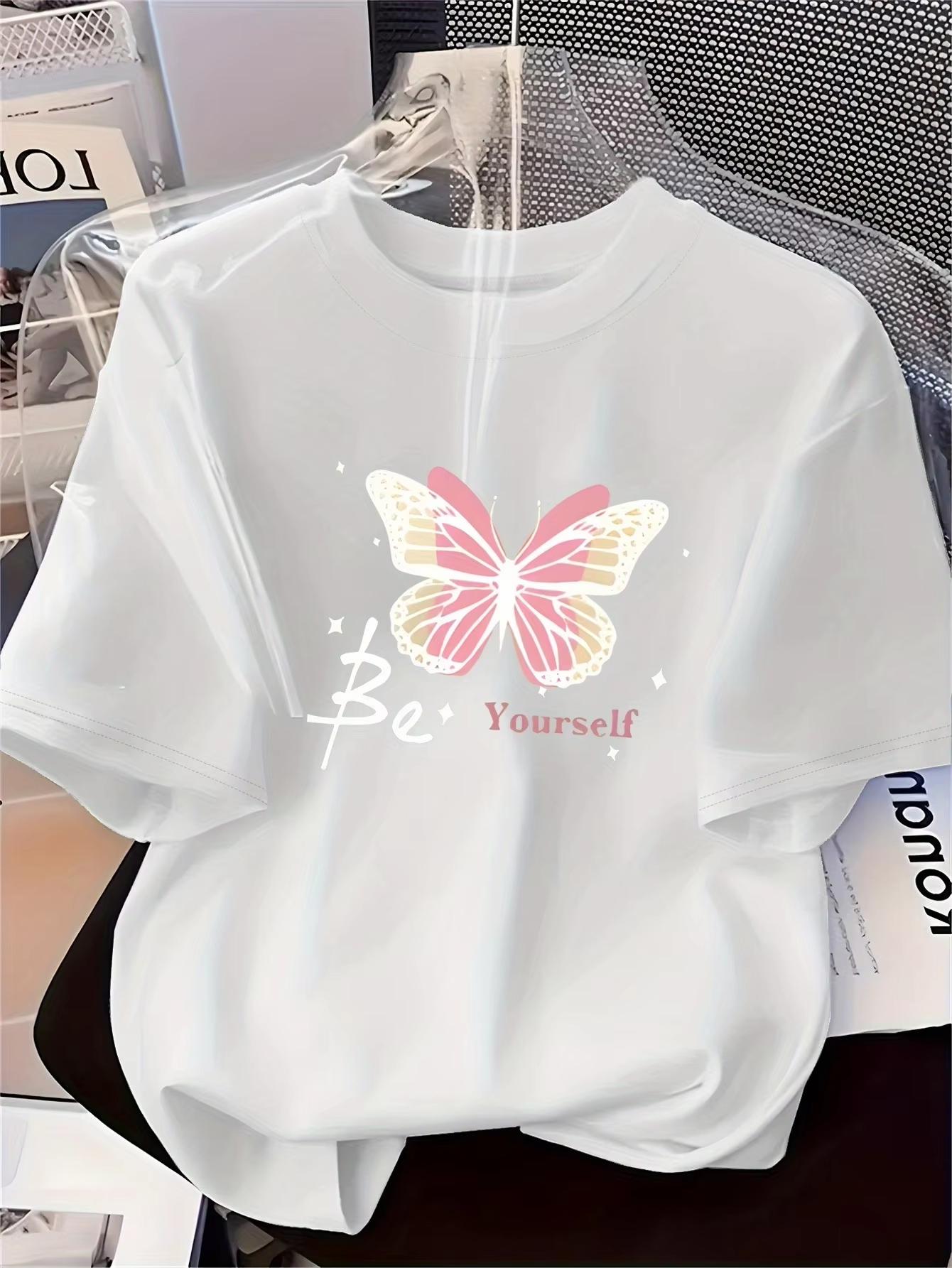 Women s Fashion Printed T-Shirt Pink Butterfly Pattern Soft Comfortable Printed Short Sleeve T-Shirt for Casual Fashionable Tops S белый