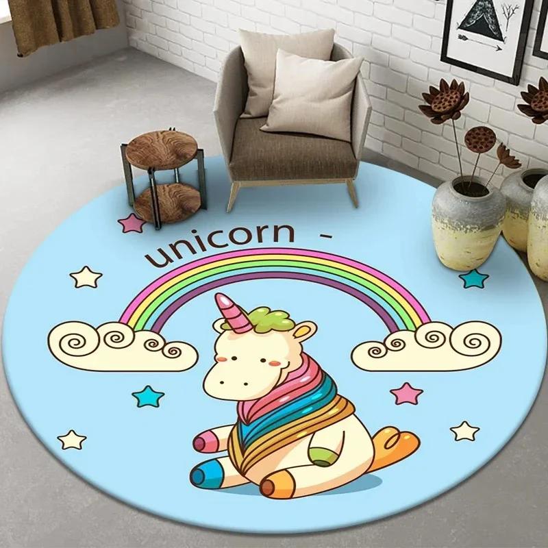 Cute Cartoon Unicorn Round Carpet Non-slip Rug for Office Living Room Bedroom Decor Soft Play Floor Mat Bathroom Kitchen Doormat