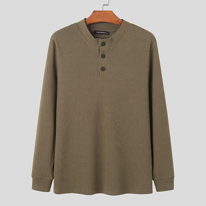 INCERUN Men Buttons Mockneck Long Sleeve Rib Knitted Pullovers Tops