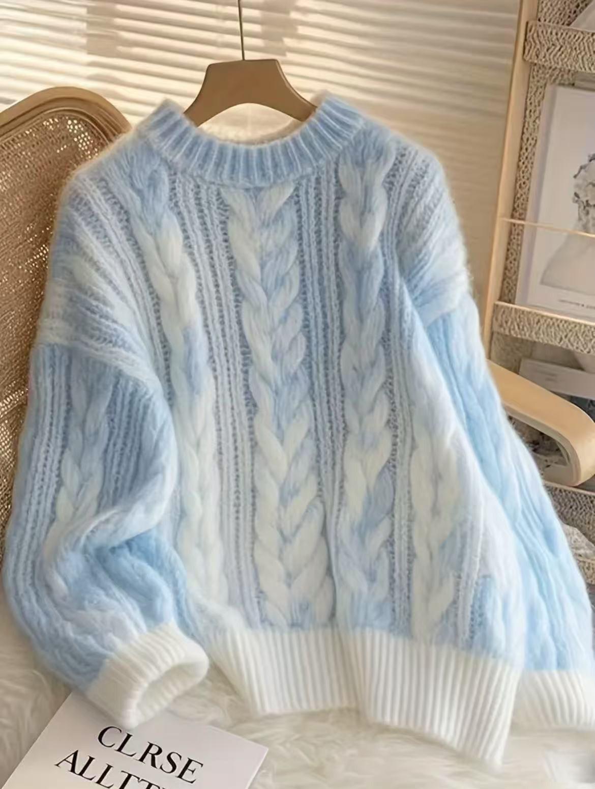 Blue Gradient Cable Knit Sweater - Korean Style Autumn/Winter Pullover Small