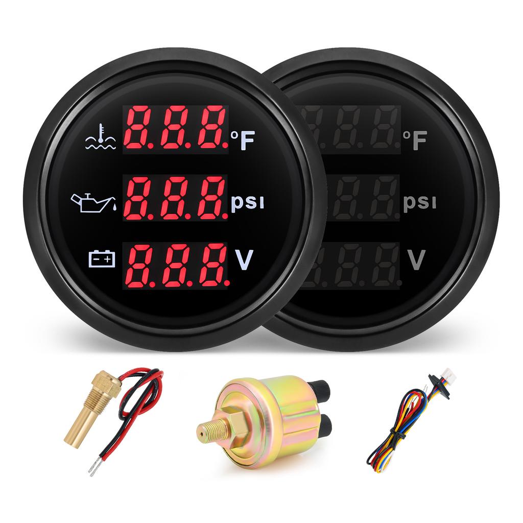AD 52mm 3 in 1 Auto Gauge Water Temperature Oil Pressure Voltage With Alarm 1/8NPT Oil Press Water Temp Sensor For Car 12V 24V