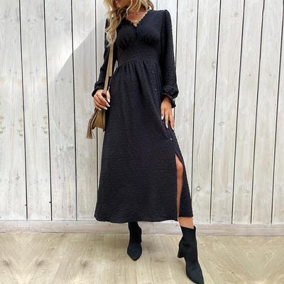 V Neck Solid Color Long Sleeve Medium Length High Waist Split Women's Dress