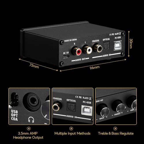 AIYIMA DAC-A2 Headphone Amplifier with PC-USB/Optical/Coaxial Input, RCA/3.5mm Headphone Output, Digital/Analog Converter, Analog Desktop Audio Conver