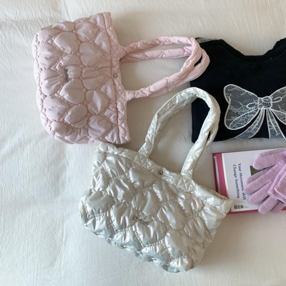 Solid Color Quilted Heart Bag Korean Women's Handbag Casual Puffy Tote Bag  Underarm Bags