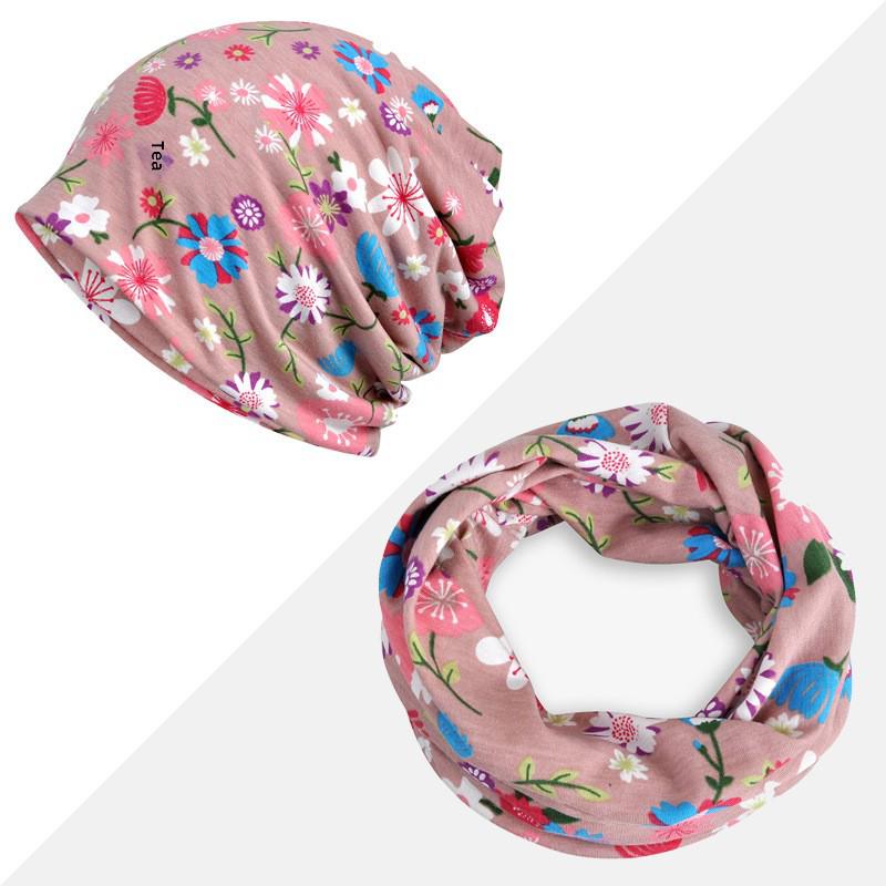 Women's Floral Print Cotton Pullover Hat and Scarf Set for Sun Protection