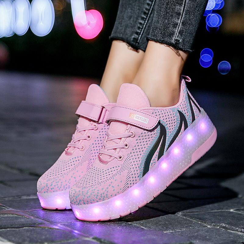 Children's double wheel runaway shoes pulley shoes USB charging interface LED light boy wheel shoes girl luminous shoes light shoes