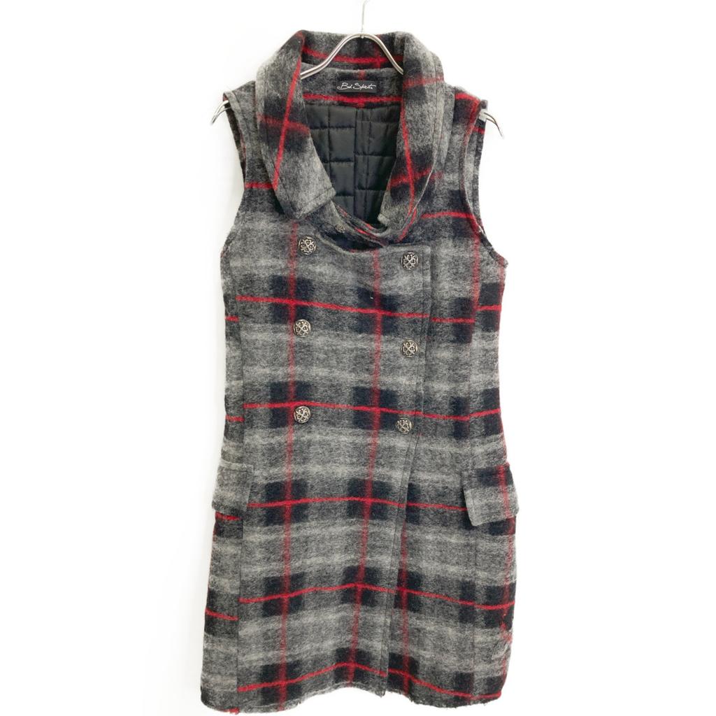 BAD SPIRIT Grey Wool Zip Quilted Double Breasted Gilet Coat Coat S Grey Black Red CheckUsed