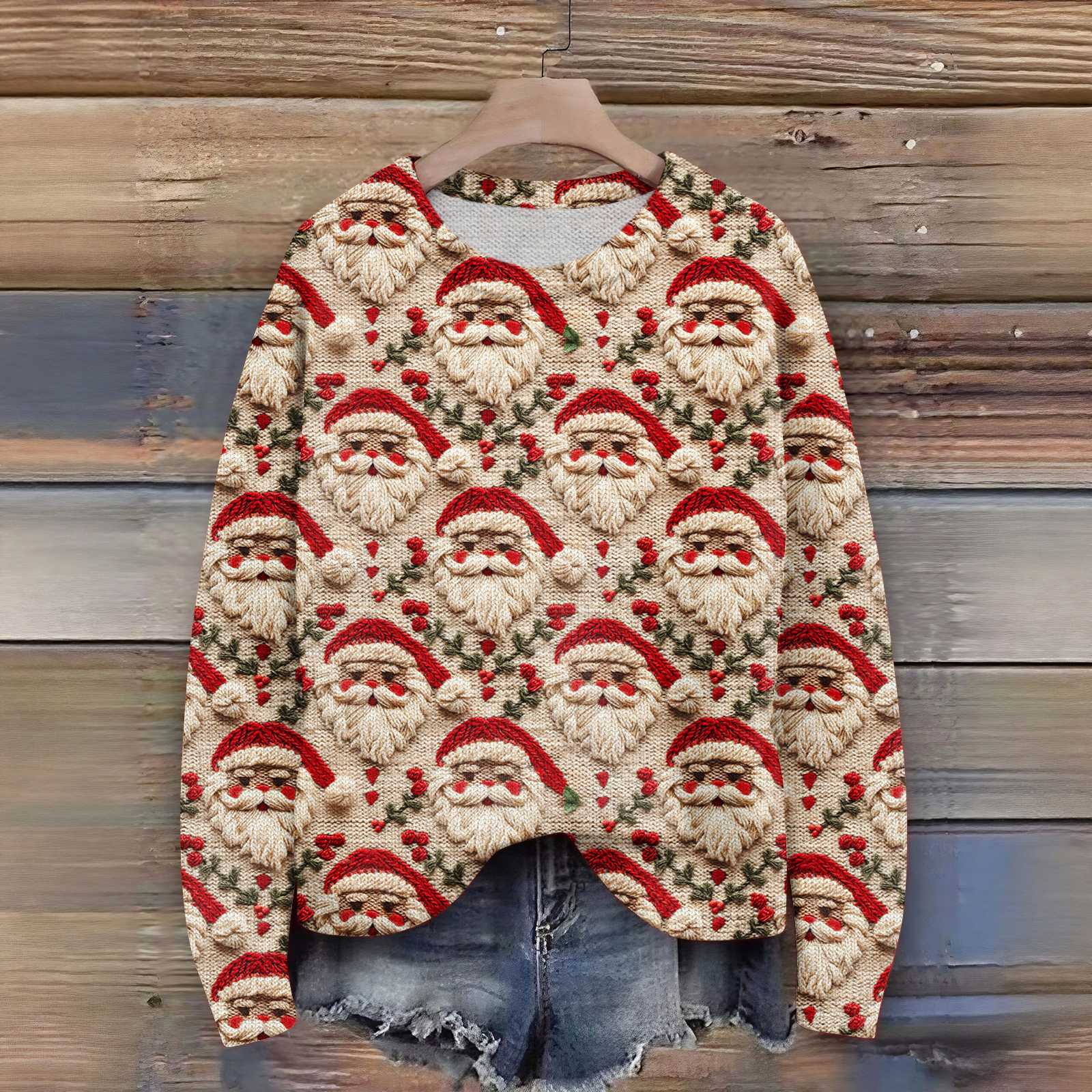 

Женский рождественский свитер Милый забавный рождественский свитер Осень и зима Свитер с длинным рукавом вязаный M хаки