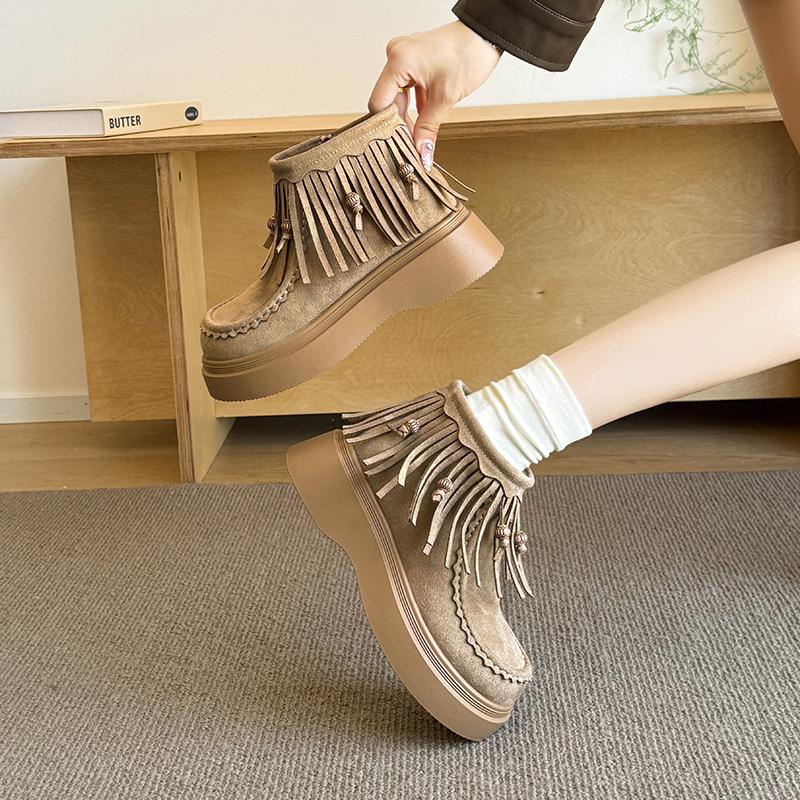 Fashion Single Boot Women's Fashion Round Toe Suede Tassel Side Zip Platform Non-Slip Booties