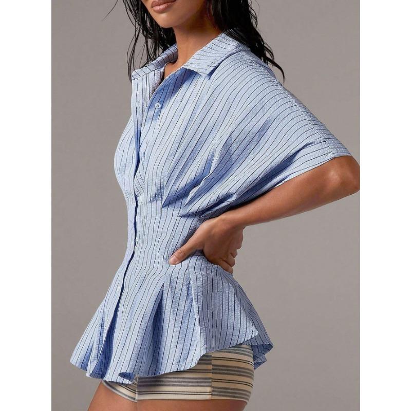 Summer New Women's Design Waist Shirt Casual Versatile Striped Pleated Slim Top