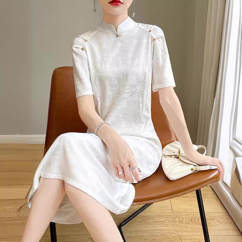 Women's Summer Stand Collar Cheongsam: Slim, Versatile, Retro Satin Long Dress