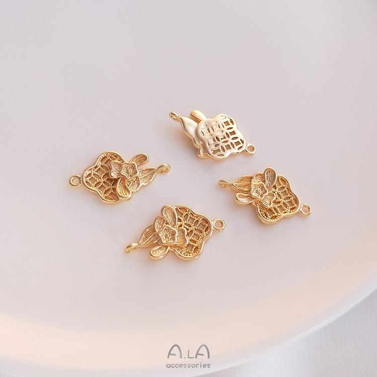 14K Gold Filled Color Preserving Double Bail Connector with Auspicious Ruyi Cloud & Plum Blossom for DIY Bracelets, Earrings, Hairpins, and Pendants.
