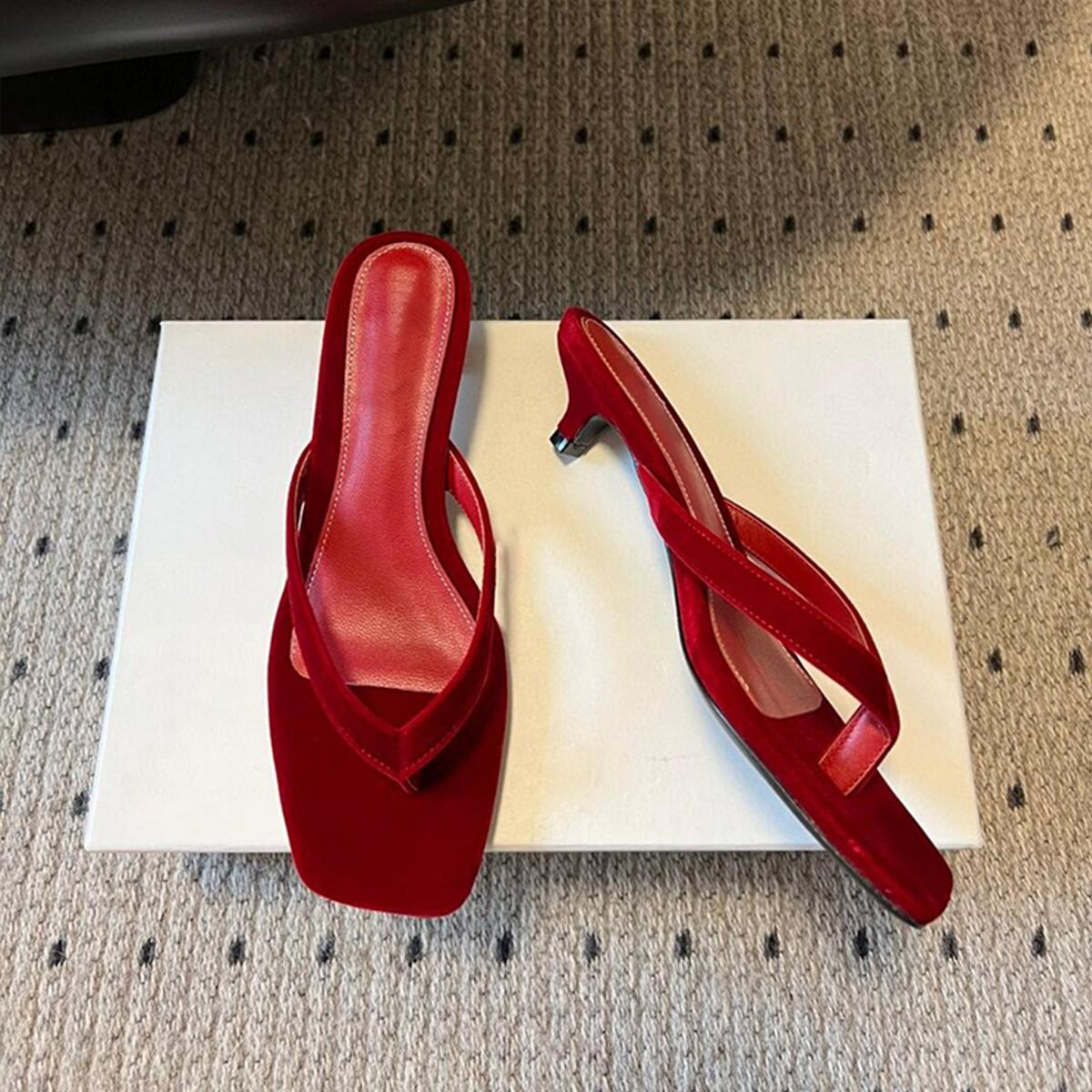 

Sheepskin version~ Summer new retro outer wear minimalist flip-flops women s versatile low-heeled temperament square head sandals 40