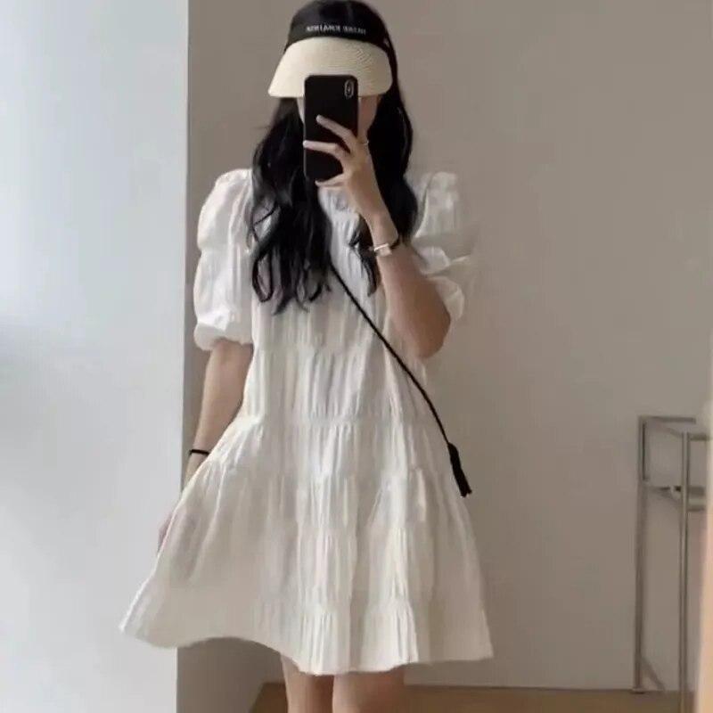 

2026 Casual Loose Short Sleeve Beach Dress Summer Fashion French Pleaded Dress For Women Evening Party Dresses Robe 27992 XXL білий