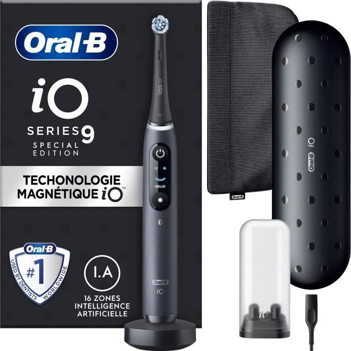 Brosse À Dents Électrique Oral-B iO 9 - Noire - 1 Brossette - 1 Étui De Voyage Chargeur - 1 Pochette Magnétique