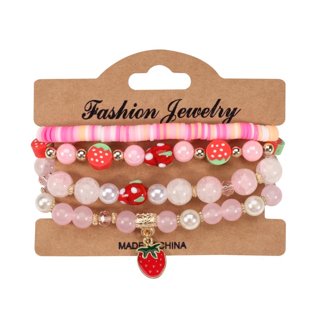 Strawberry Pendant Pink Beads Multilayer Stretch Bracelet Cute Fruit Hand Decoration Gift for Women