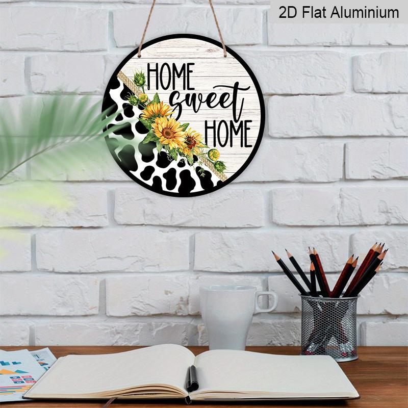 2D Flat, 1pc Round Aluminum "Home Sweet Home" Metal Sign, Rustic Cow Print & Sunflower Farmhouse Wall Plaque, Waterproof & Rustproof, Perfect for