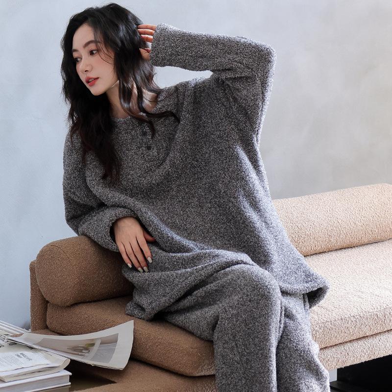 Half Fleece Pajamas Women'S Autumn And Winter Red Natal Year Coral Fleece Fleece Thickened Warm Loungewear Set