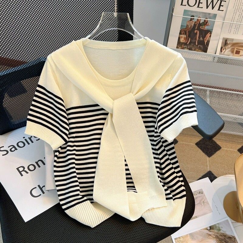 

Loose Slimming [40.00 Kg-100.00 kg] round Neck Stripe Short sleeve T-shirt Women Xia Yang Style Age-Reducing Shawl Lace-up Top Picture Color XL(Recommended 60-67.5kg Shots)