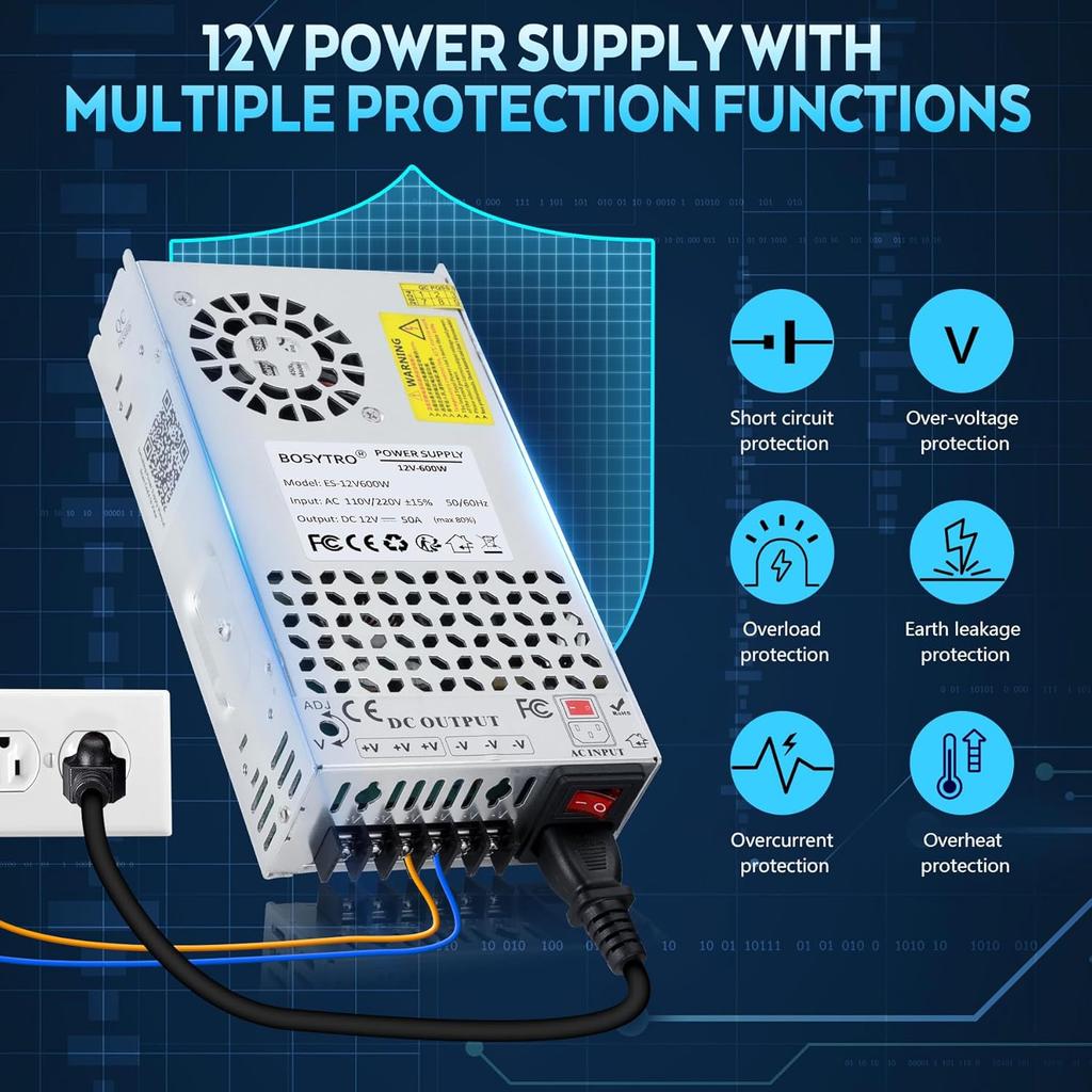 12V DC Power Supply 600W 50A AC to DC Converter Switching Power Supply for Led Strip, Motor Pump, CCTV, 3D Printer, Electronic Instruments, Lab