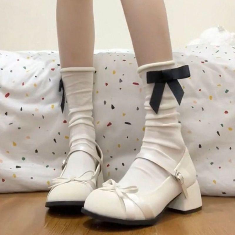 French Gentle Mary Jane Small Leather Shoes Women's 2025 Summer New with Skirt Bow One-word Buckle High-heeled Shoes