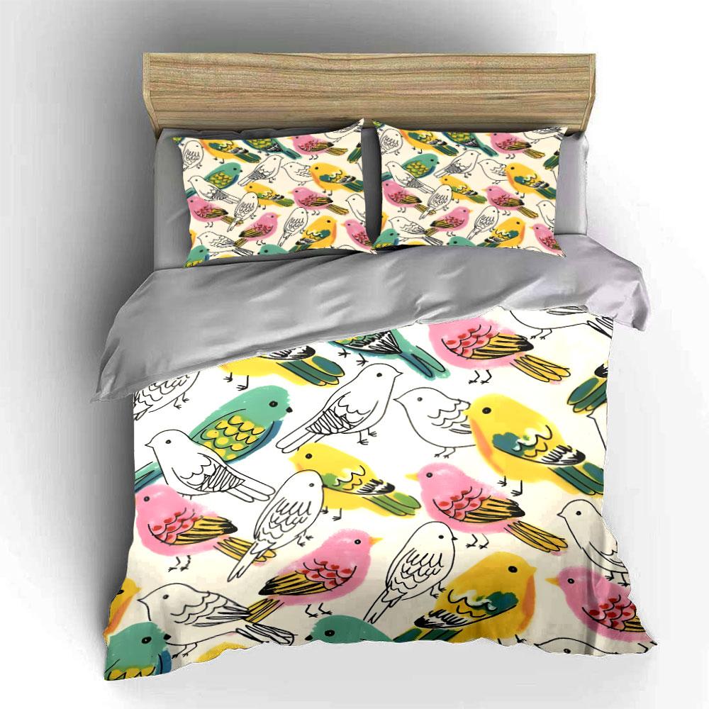 Colorful Bird Pattern Decor Set Bedding Set with 1 Duvet Cover 2 Pillowcases Single Double King Queen, Gift