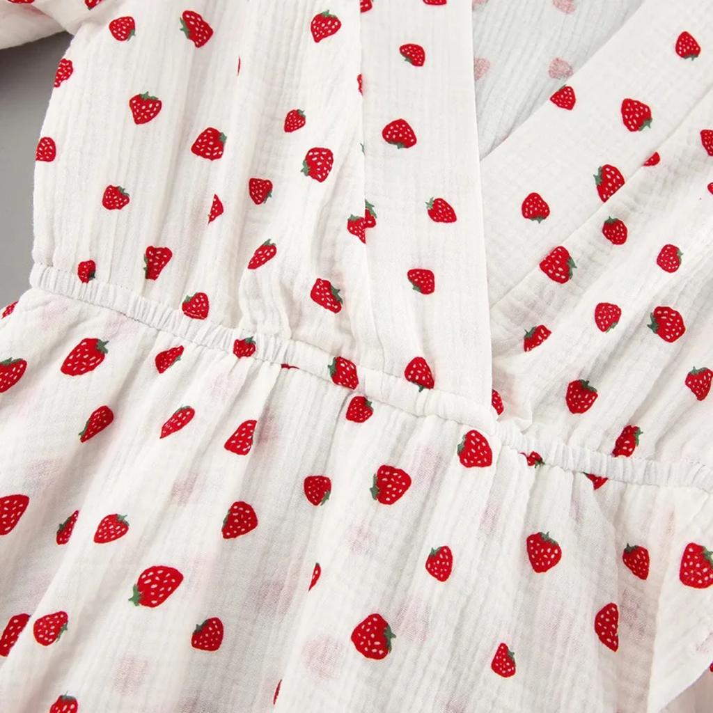 LYRIA New Strawberry Print V Neck Lantern Sleeve Dress Fashion Dress Women