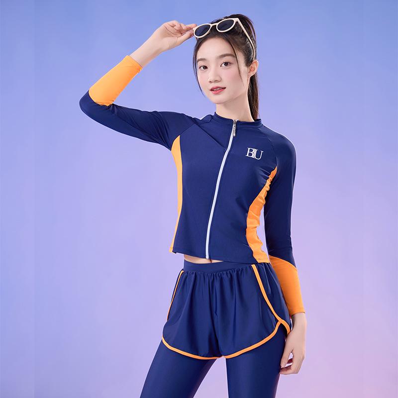 Costum de surf pentru femei, din patru piese, modelator, cu protecție solară - Set costum de baie cu mânecă lungă pentru vacanța la plajă, pe stoc