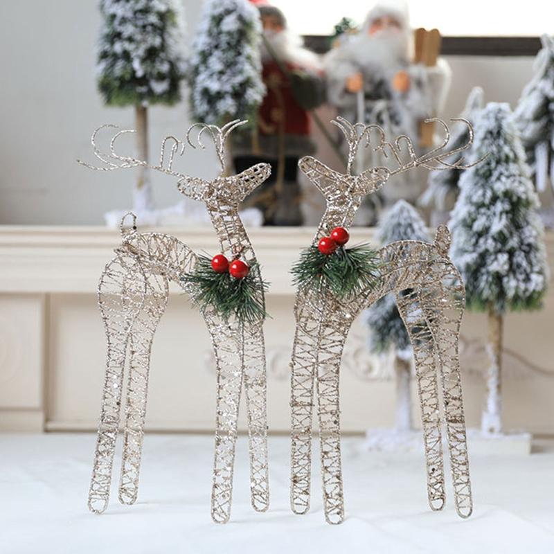 Christmas Wrought Iron Elk Ornament 1 Pair Red Berry Pine Needles Glitter Sequins for Home Decor Bedroom Living Room Decor