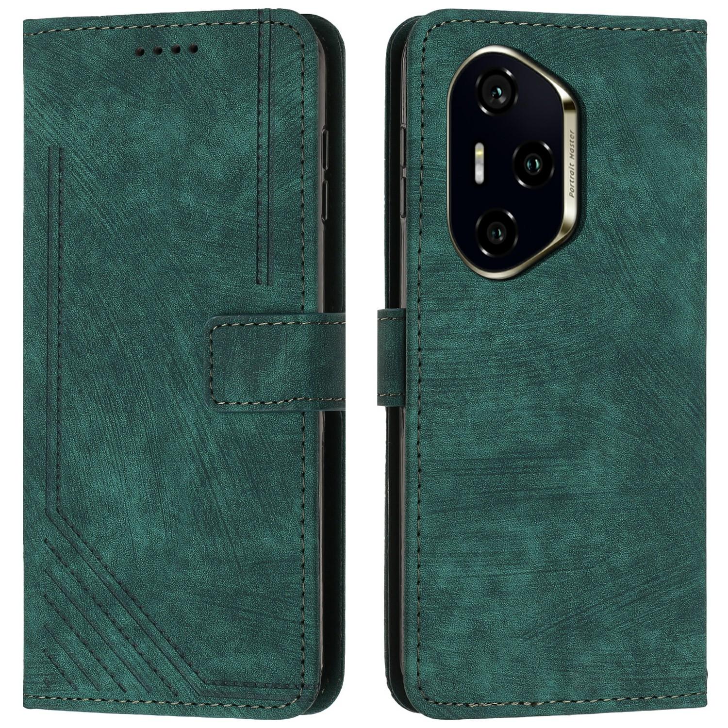 

Для Honor 300 Pro/300 Ultra Чехол Кожаный чехол для телефона с тиснеными линиями Складная подставка Green