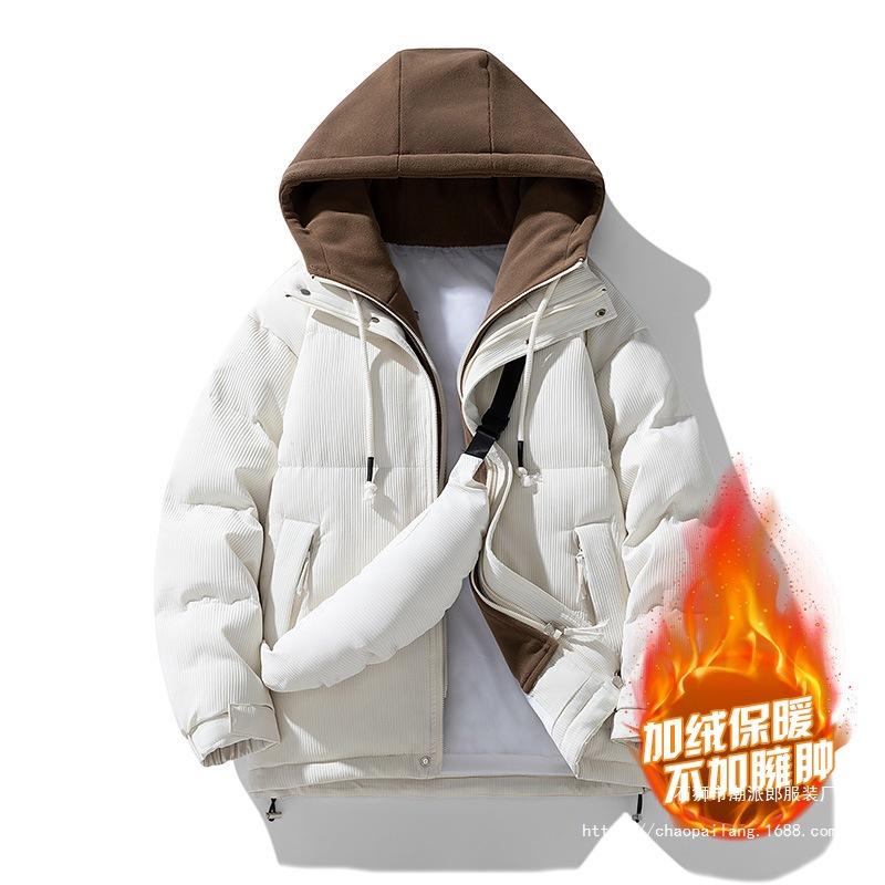 Padded-on men's hooded padded jacket fake two pieces, winter men's fashion trend high-end warm windproof jacket casual