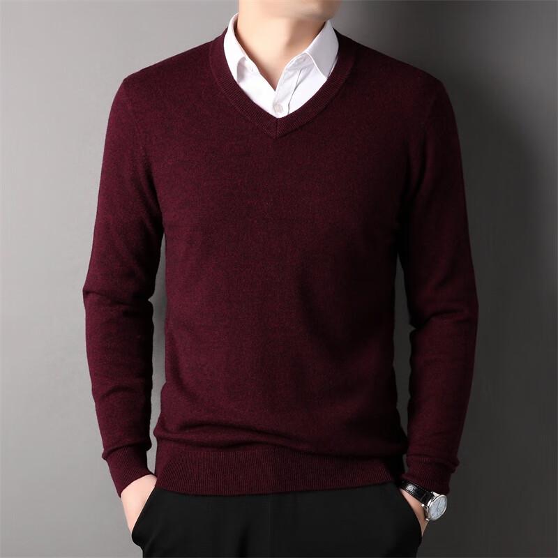 Fengxun Men's 100% Wool V-Neck Pullover Sweater