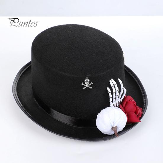 Decorazioni per Festa di Trucco Cappello a Cilindro in Feltro per Adulti Uomini Donne, Steampunk Halloween Cosplay con Copricapo Scheletro Mano e Rosa, Costume Cosplay Gotico Nero,