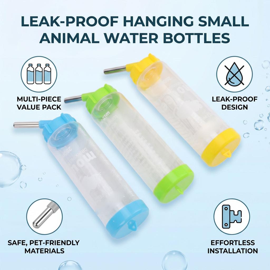3pcs 250ml Hamster Water Bottles Anti Drip Hanging Water Feeder Plastic Pet Dispenser for Rabbits Guinea Pig