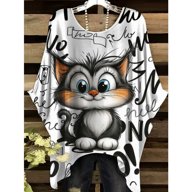 

Cute Cartoon Cat Women s Plus Size Short Sleeved T-shirt with Irregular Hem Design 5XL