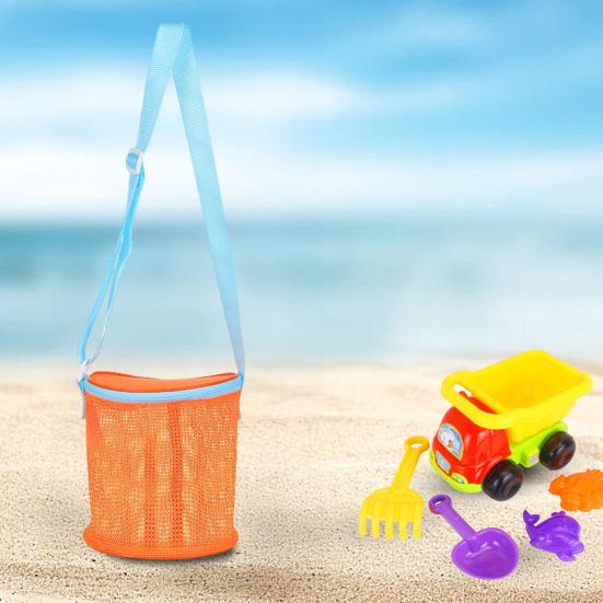 Netz-Strandtasche mit Schultergurt, großes Fassungsvermögen, Reißverschluss, Mehrzweck-Muschelhalter, Aufbewahrungseimer für Reisesandspielzeug