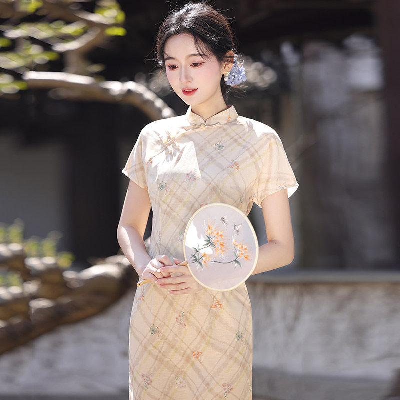 Kareli kolsuz ulusal tarz yeni Çin günlük Suzhou uzun cheongsam geliştirilmiş genç 1011 yeni kadın yüksek duygu