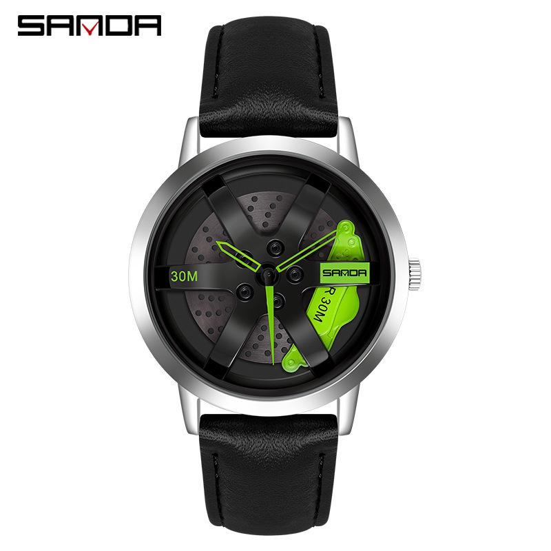 Sanda Cool Men's 3D Hollow Car Wheel Leather Strap Quartz Watch