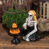 Skeleton Girl Ornament Skeleton Girl Eating A Cake Figurine Gothic Tabletop Sculpture for Halloween Party Decoration
