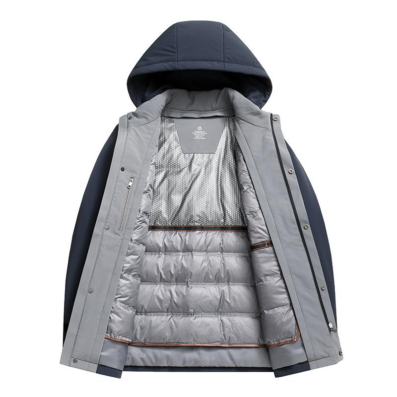 Doudoune Homme Business Casual Tissu Soie Lait Démontable Doudoune Mi-longue à Capuche