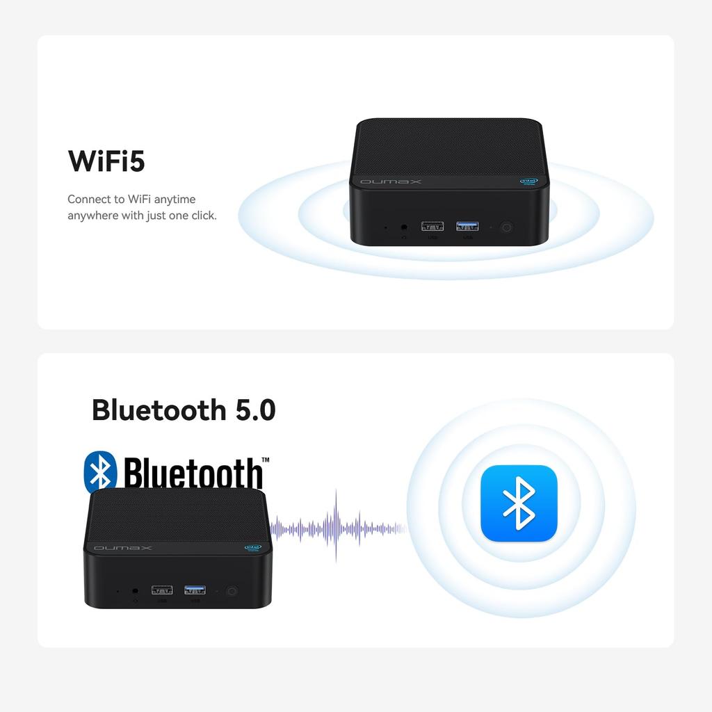 OUMAX Mini PC 12th Generation N150 Processor Max 4 Threads 16GB DDR4 500GB SSD Mini Computer 4TB Expandable Mini PC Small Power Heat Dissipation High