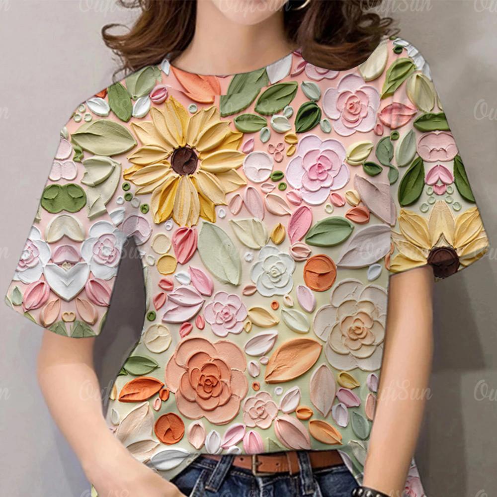 3D Printed Women's Flower T-shirt Casual Short Sleeve Large T-shirt