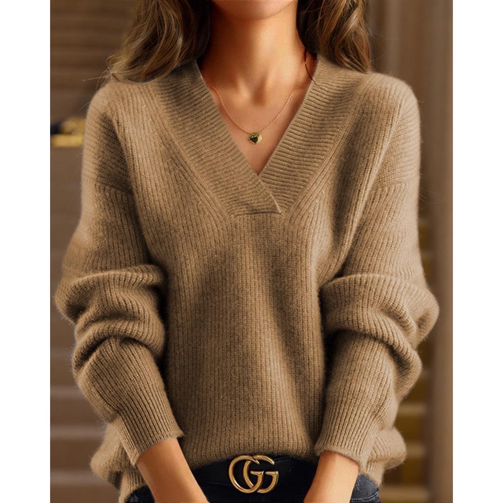 2024 Autumn/Winter Women's V-Neck Solid Color Knit Top: Multicolor Pullover Sweater