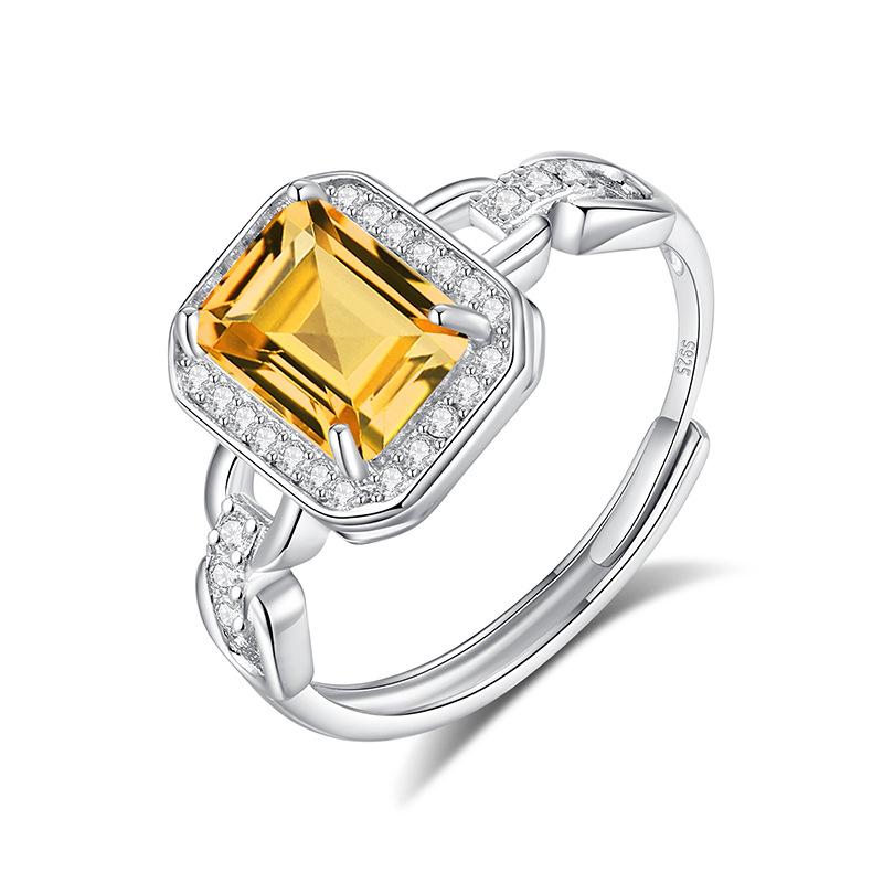 S925 Sterling Silver Square Natural Crystal Ring, Paved Colored Gems Adjustable Band, Luxury European Style Jewelry for Women, Daily Wear & Gift
