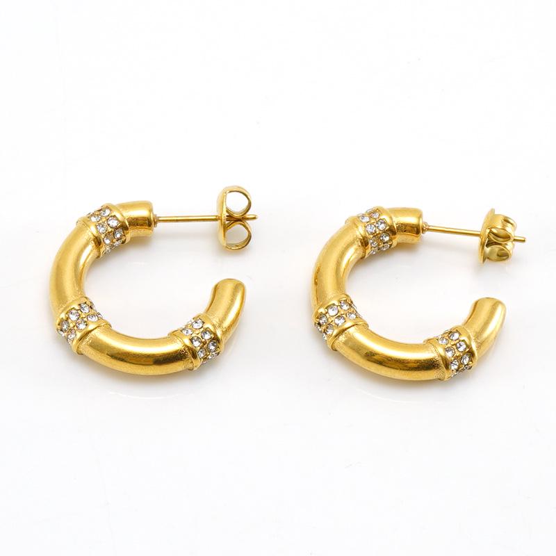 18K Geometric Retro Style Stud Earrings with Stainless Steel Diamond-Set Design for Women