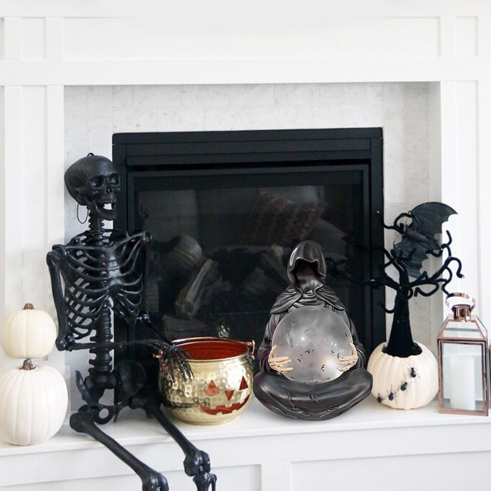 Grim Reaper Statue with Flying Bats Crystal Ball The Death God's Crystal Balls for Bookshelf Halloween Statue Decor